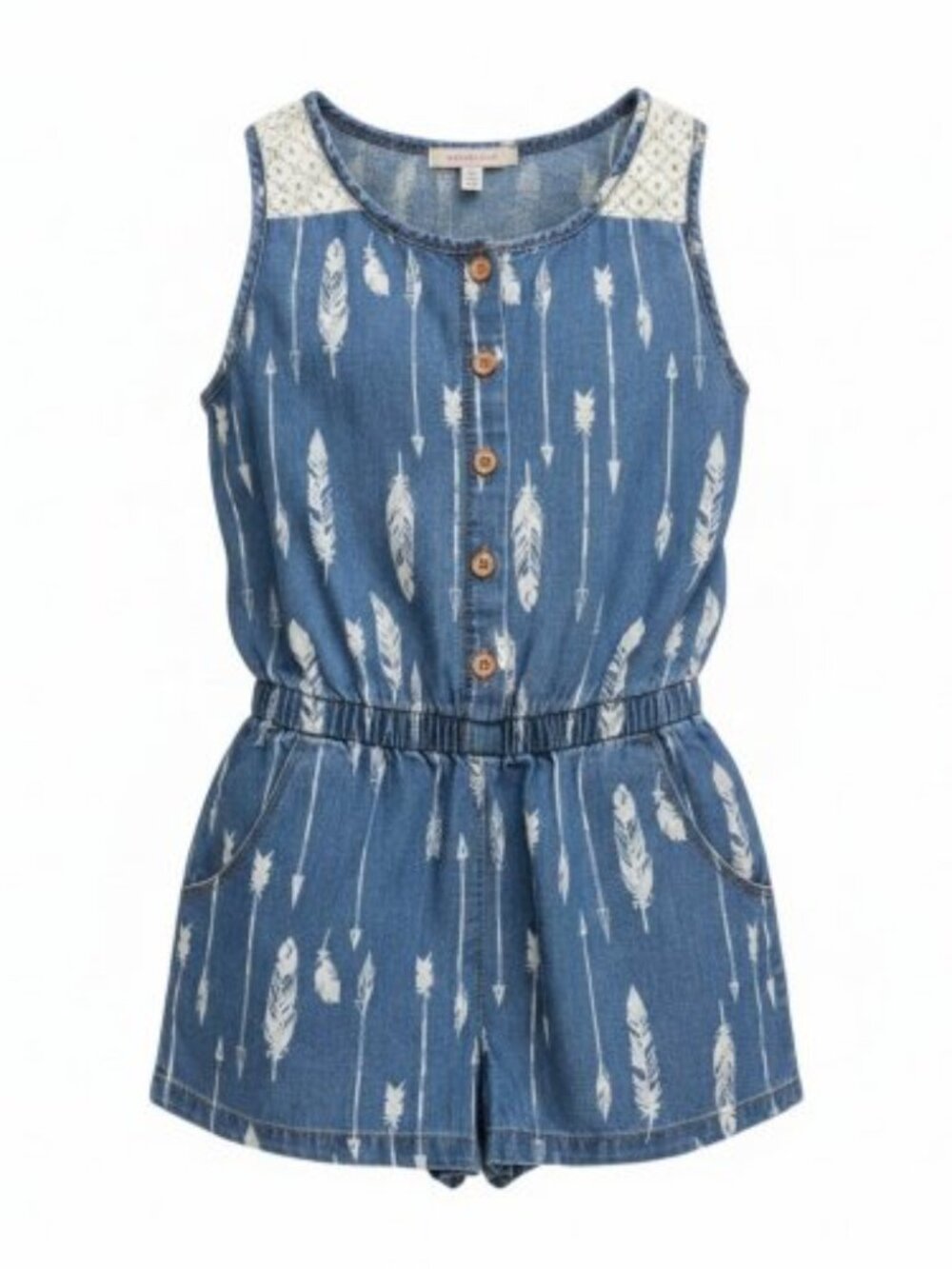 LIMITED TOO Denim Look Feather Print Crochet Trim Short Romper Size 4